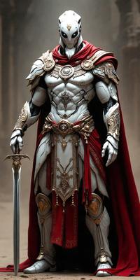 The primary subject of the image is a statue of a knight in white and red armor. The statue is standing in a room with a red background. The visual style of the image is digital art, as it appears to be a digital rendering of the knight statue. The colors and mood of the image are predominantly red and gold, giving the statue a regal and majestic appearance.